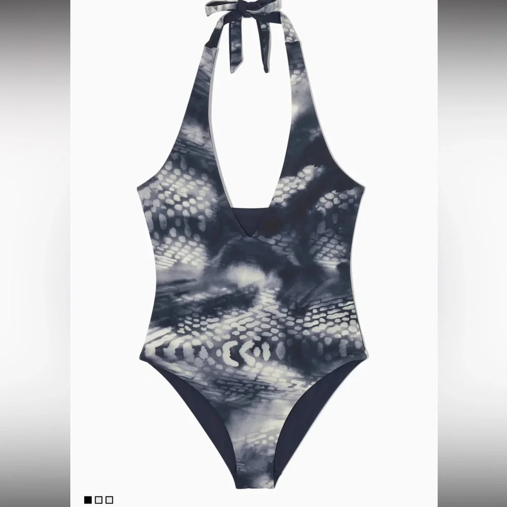 REVERSIBLE PRINTED PLUNGE SWIMSUIT Cos Navy Blue x Blue Pattern One Piece NWT